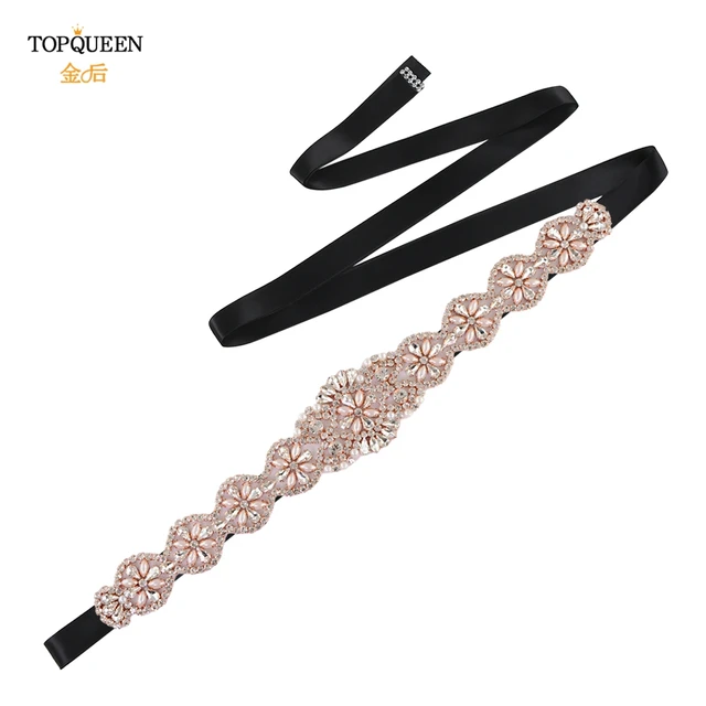 TOPQUEEN S161-RG Bridal Wedding Rose Gold Party Belts for Women Fashion Rhinestone Ribbon Fancy Sash Formal Prom Dress Belt Black Ribbon