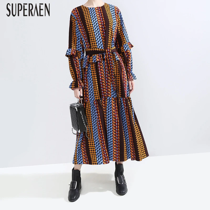 SuperAen осеннее Новое Женское платье Полосатое хлопковое повседневное женское платье с длинным рукавом и круглым воротником Европейская Женская одежда
