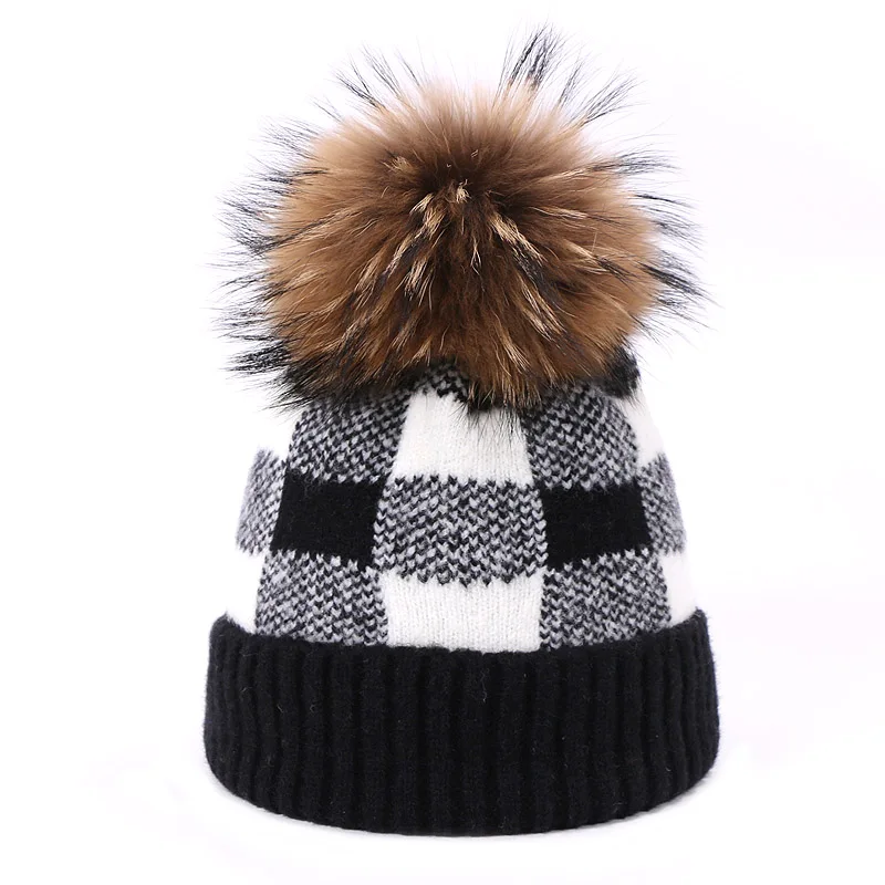 Зимняя шапка с помпоном Skullies Beanie, Классическая клетчатая шапка для мужчин и женщин, теплая вязаная Толстая шапка с меховым помпоном - Цвет: D