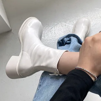 preço Botas Femininas 2020 Marca De Luxo Bloco Salto Alto Botas Fleeces Inverno Feminino Dedo Do Pé Quadrado Chelsea Botas Zíper Sapatos Goth Tamanho 39