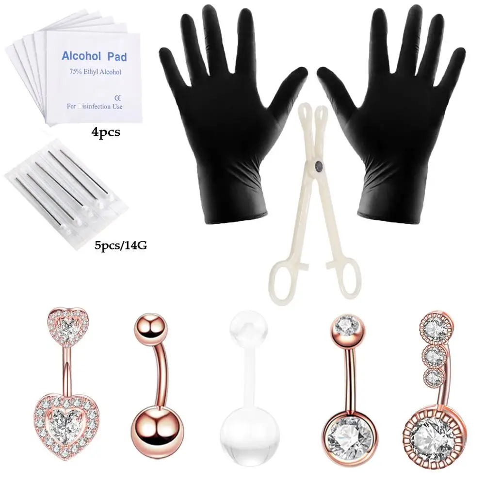 Belly Button Body Jewelry Piercing Rings Clamp Gloves Needles Tool Kit Ear Plug Prong Navel Ring Internally Threaded |