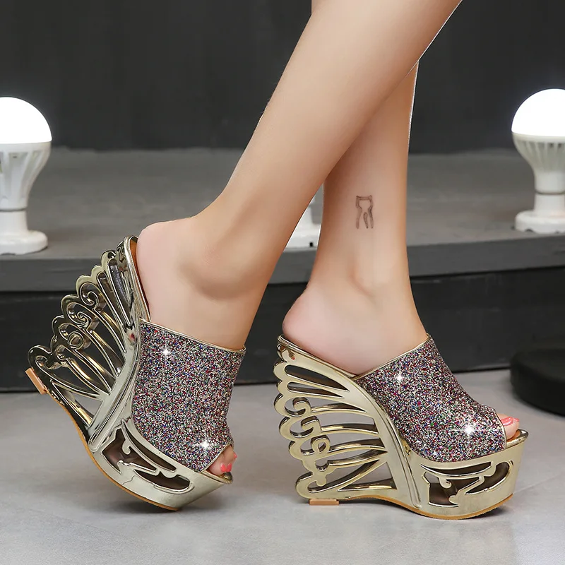 Пикантные свадебные туфли с леопардовым принтом на высоком каблуке; цвет золотой, серебряный; свадебные туфли; Босоножки на каблуке 15 см; шлепанцы; ZYW-1076-2