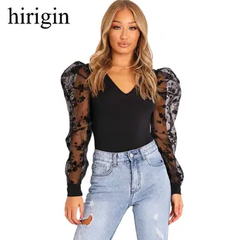 

hirigin Sexy Bubble Shoulder Printed Bodycon Bodysuits 2020 Spring Women Long Lace Sleeve Skinny Body Suit Shorts Jumpsuits