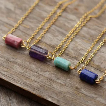 Simple Natural Stones Short Chokers Necklace Women Exquisite Hexagon Charm Genuine Gold Plated Chain Beaded Necklace OL Jewelry