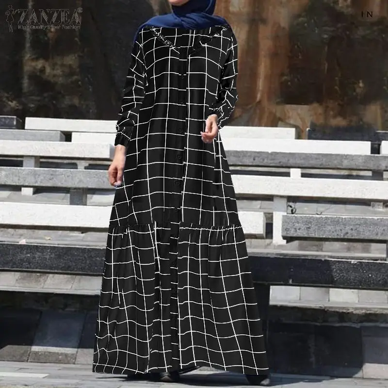 ZANZEA Women Vintage O Neck Long Sleeve Muslim Dress Spring Elegant Plaid Checked Maxi Sundress Abaya Hijab Robe Femme | Тематическая