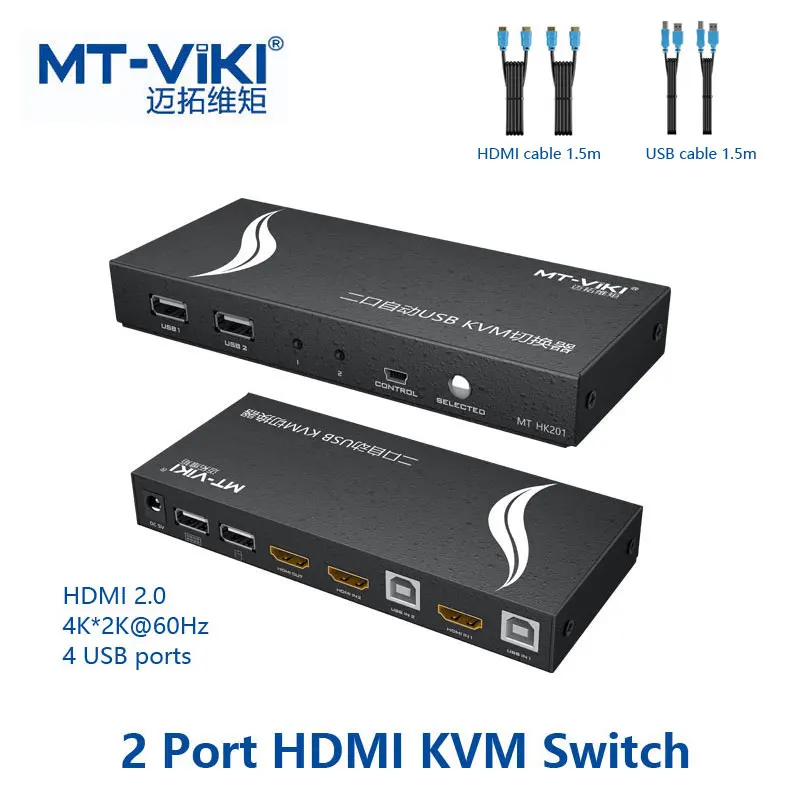 

MT-Viki 2 Port HDMI KVM Switch Hot Key Auto Scan USB Plugable 4Kx2K 1080P with 2 Cable Sets for 2 PC 1 Keyborad Mouse MT-HK201