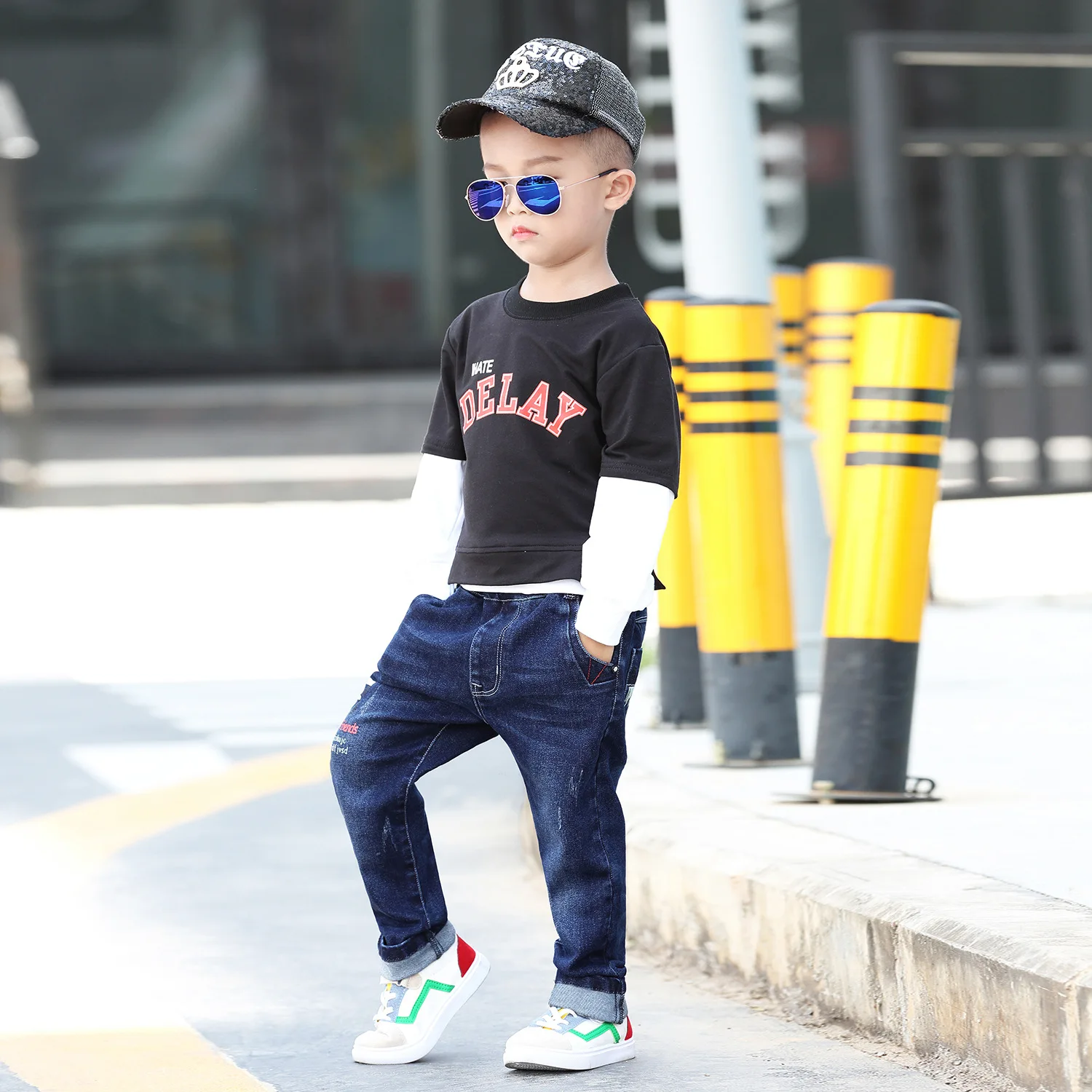 One up Brother/Коллекция года; сезон осень; детская одежда; джинсовые брюки для мальчиков; сезон весна-осень; Стрейчевые брюки в Корейском стиле для детей среднего и маленького возраста