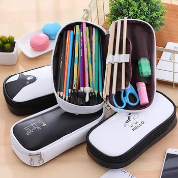 

Black White Large Capacity Pencil Case Kawaii Animal Pencil Makeup Brush Bag Pouch Pu Leather Pencil Case for School Supplies