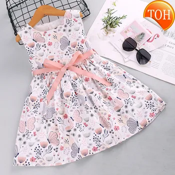 

Girls Dress Summer New Flowers Printed Bow Girls Party Sleeveless Princess Dress Baby Kids Girl Clothing