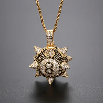 

New Fashion Iced Bling Punk Micro-encrusted Zircon Cartoon Black 8 Meteor Hammer Pendant Hip-hop Necklace Jewelry Halloween