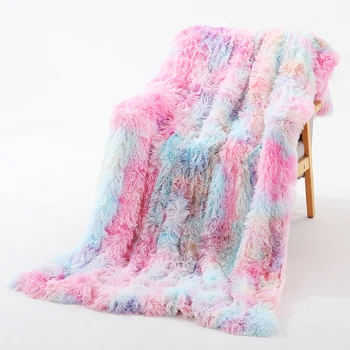 

Elegant Shaggy Blanket Double Layer Super Soft Fuzzy Fur Rainbow Tie-Dye Printed Cover Blanket Comfortable Fluffy Throw Blanket
