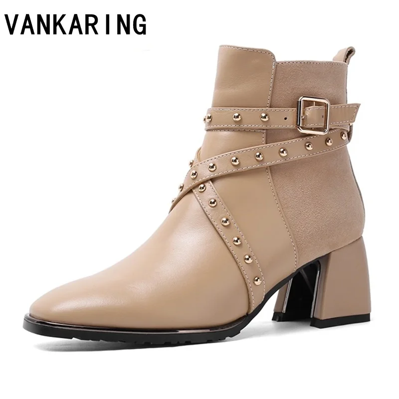 

2019 new high heels punk rivets buckle martin boots real leather thick belt buckle ankle boots platform ankle boots for women