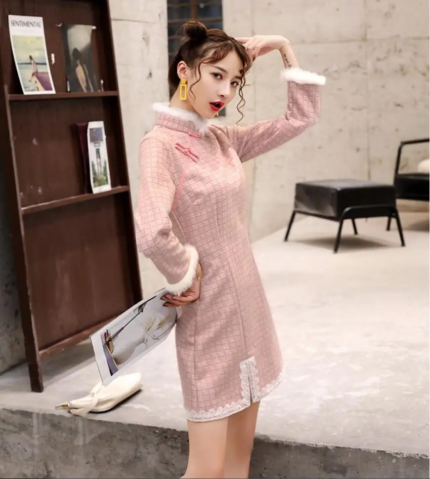 Зимнее женское традиционное китайское платье cheongsam, сексуальное азиатское элегантное кружевное платье qipao для девушек, S-XXL