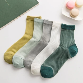 

Japanese Women Girls Plain Solid Color Ankle Socks Thin Sheer Glass Fiber Splicing Jacquard Vertical Striped Short Tube Hosiery