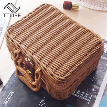 

TTLIFE Handmade Suitcases Imitation Wicker Storage Boxes Knitting Beach Rattan Travel Packing Box Outdoor Picnic Food Container