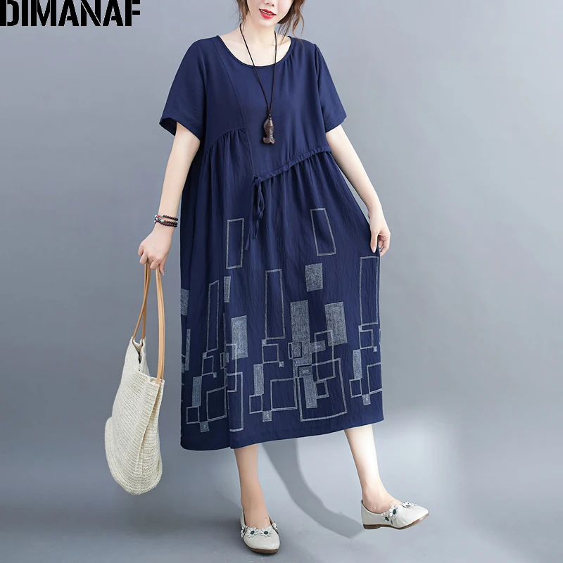 

DIMANAF Summer Plus Size Dress Vintage Print Geometric Women Clothing Elegant Lady Vestidos Female Sundress Loose Pleated Belt