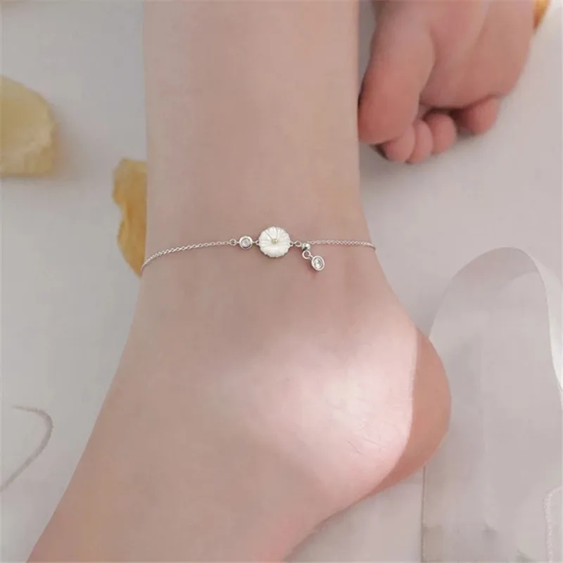 925 Sterling Silver Shell Daisy Anklet For Women Girls Tassel Zircon Round Bead Link Chain Boho Jewelry Gift anklet bracelets,silver anklets,ankle chain
