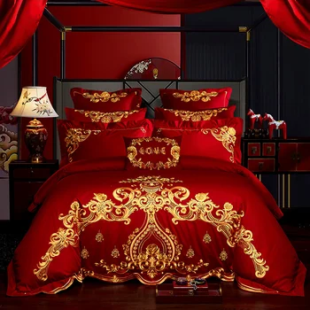 

Chinoiserie Classic Red Wedding Duvet Cover set Embroidery Egyptian Cotton Bedding set Quilted Bedspread Coverlet 4/6/10Pcs set