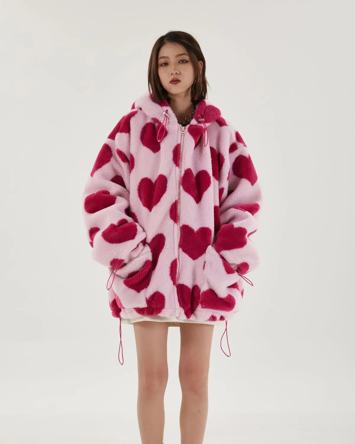 Student Hooded Cotton Women's Hearts Print Fur Jacket - true deals club