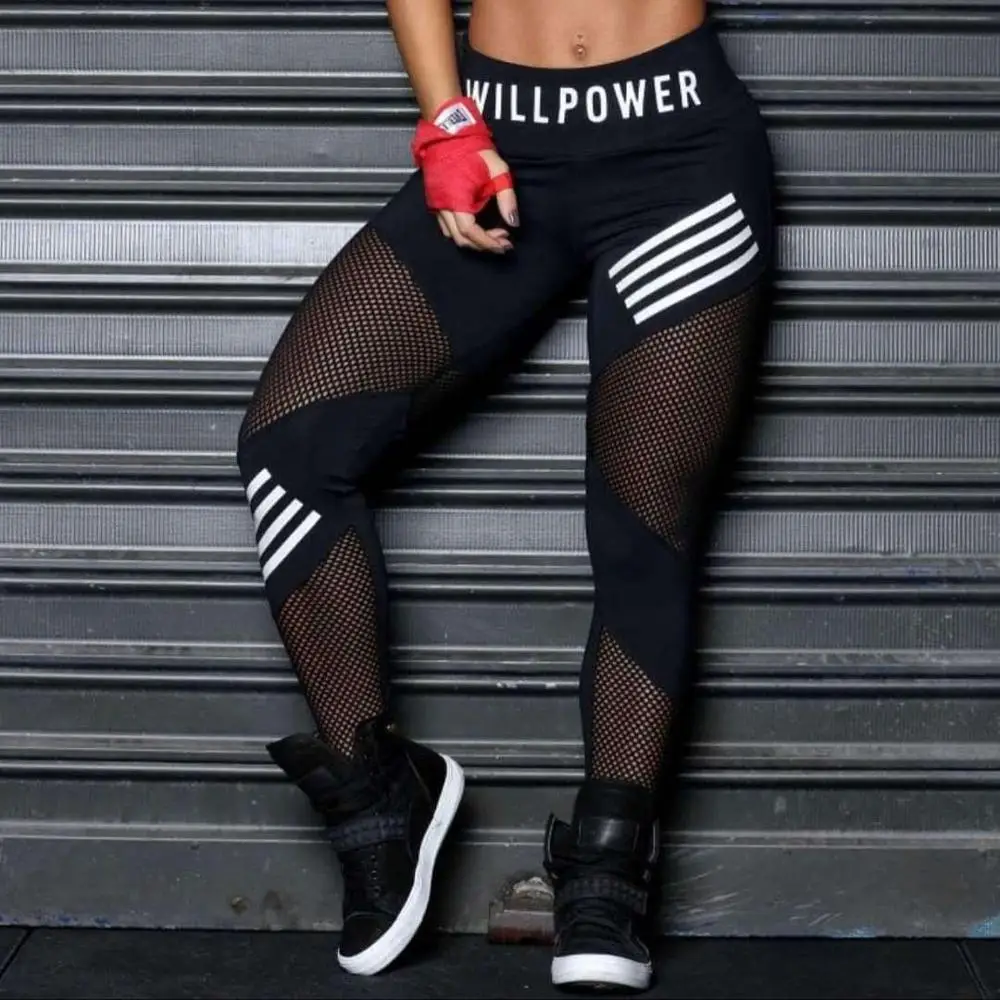 Женские леггинсы с высокой талией, сетчатые спортивные Леггинсы размера плюс, Черная Спортивная одежда для спортзала, фитнеса, с буквенным принтом, женская спортивная одежда - Цвет: 1