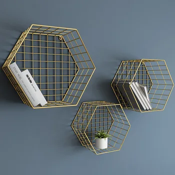 

Nordic metal wall shelf bedroom storage shelf for living room wall decoration hexagon wall partition Office iron storage rack