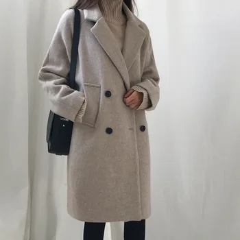 

Women Winter 2019 Coats Autumn and Winter Wild Large Size Solid Color Wool Coat Korean Version of Loose Long Wool Coat Female