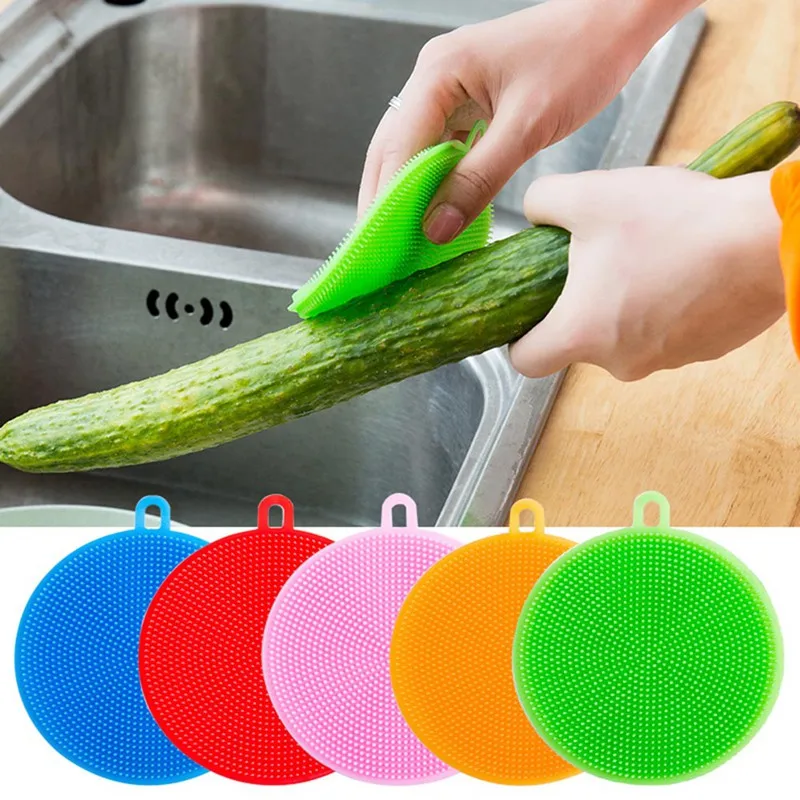 5PCS Round Silicone Dish Washing Kitchen Cleaning Sponge Scrubber Brush Bowl Pot 
