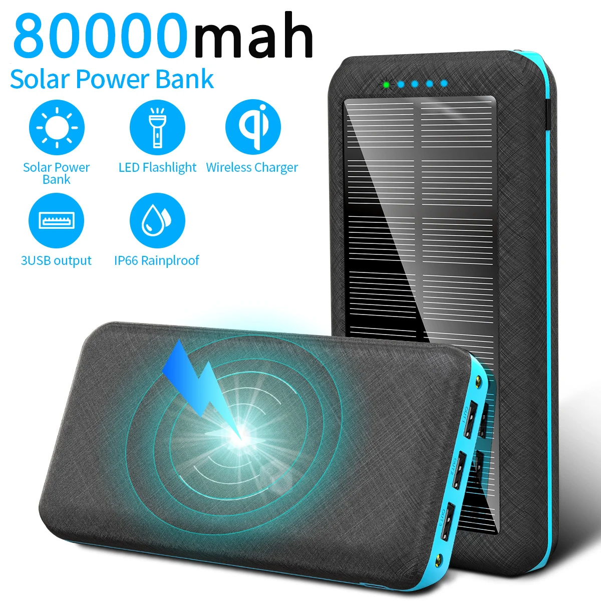 Banco de energía Solar Qi de 80000mAh para exteriores, cargador inalámbrico portátil de teléfono, 3USB, para Xiaomi, Samsung, Iphone