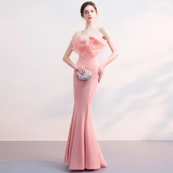 

Pink Chinese Queen Mermaid Oriental Party Female Cheongsam Stage Show Qipao Dress Elegant Celebrity Banquet Dresses De Festa
