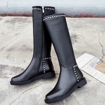 

Quality Knee High Boots Women Genuine Leather rivets Shoes Woman Knee Winter Boots Comfortable Warm Long Boots size 41 42