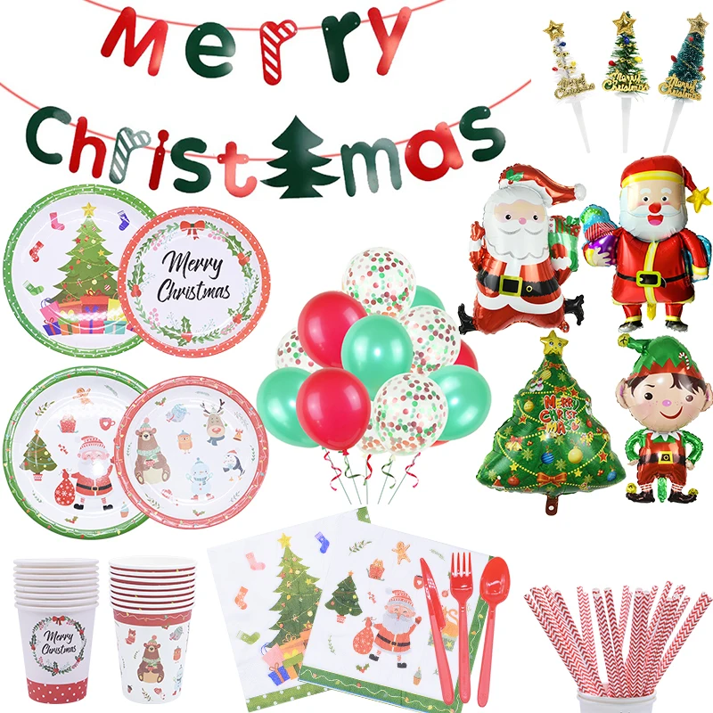 Merry Christmas Party Decor Disposable Tableware Paper Plates Cups Straws Banner Kids Birthday Party Christmas Baby Shower Decor