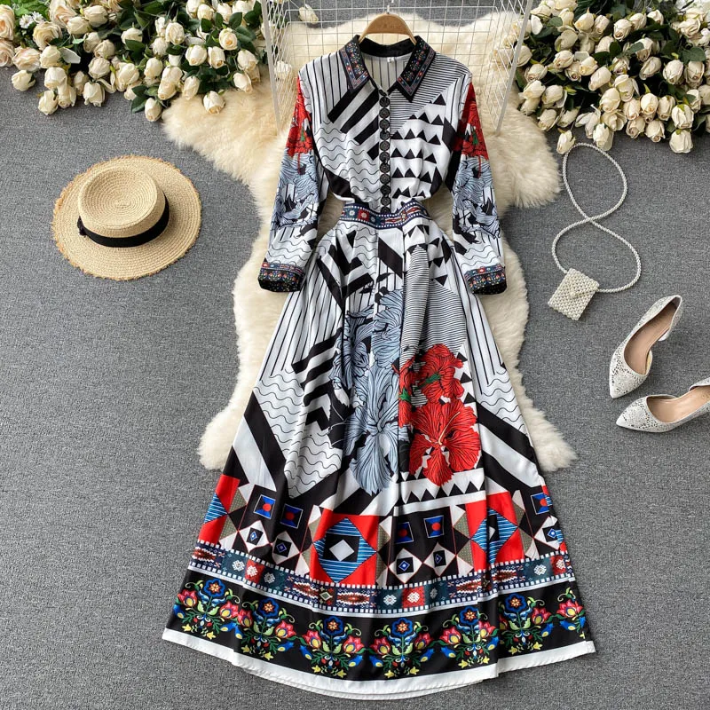 Turndown-Collar Design Print Maxi Dress 