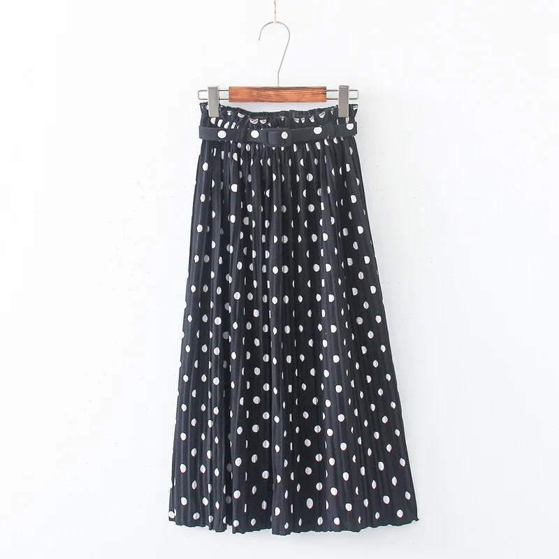 Pleated polka dots belt skirt saia autumn winter