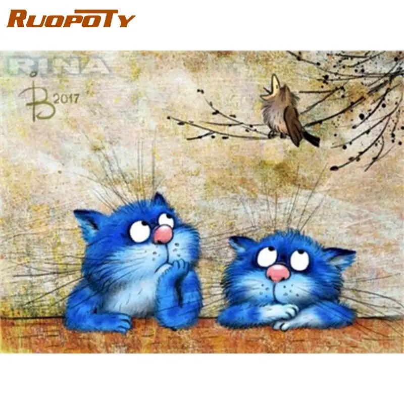 Набор для рисования по номерам животных RUOPOTY Two Blue Cats детей ручная роспись Diy