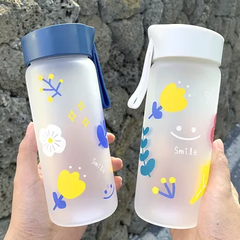 

Creative Cartoon Flower Water Bottle Frosted Transparent Borosilicate Heat Resistant Glass with Lifting Rope 400ml Portable Cups