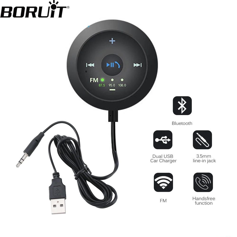 

BORUiT Bluetooth AUX Handsfree Car Kit 3.5mm Jack Auto Audio MP3 Player Wireless Receiver FM Transmitter Hands Free USB Adapter