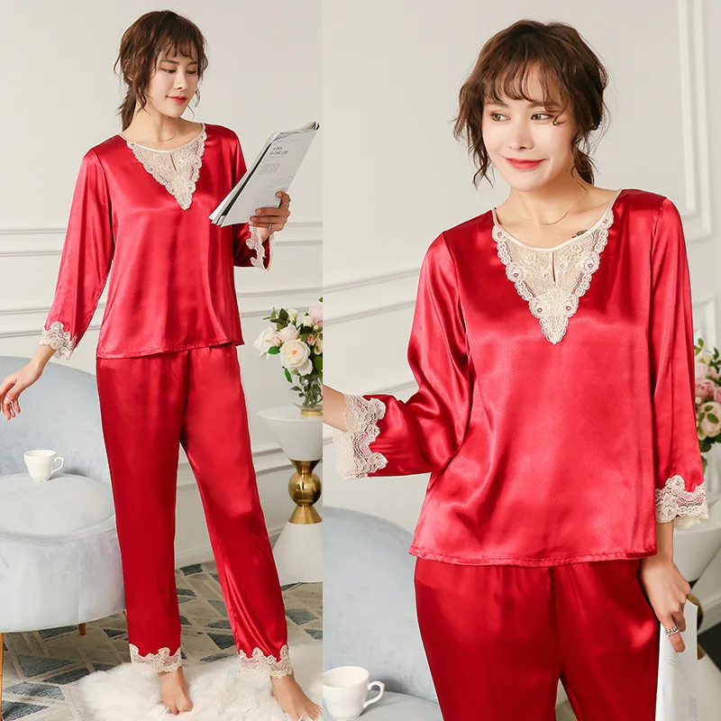 

Pajamas for Women Lace Top+shorts Sexy Nightwear V-neck Sleepwear Silk Pyjamas Femme Satin Pijama Mujer 2 Pieces Night Suit