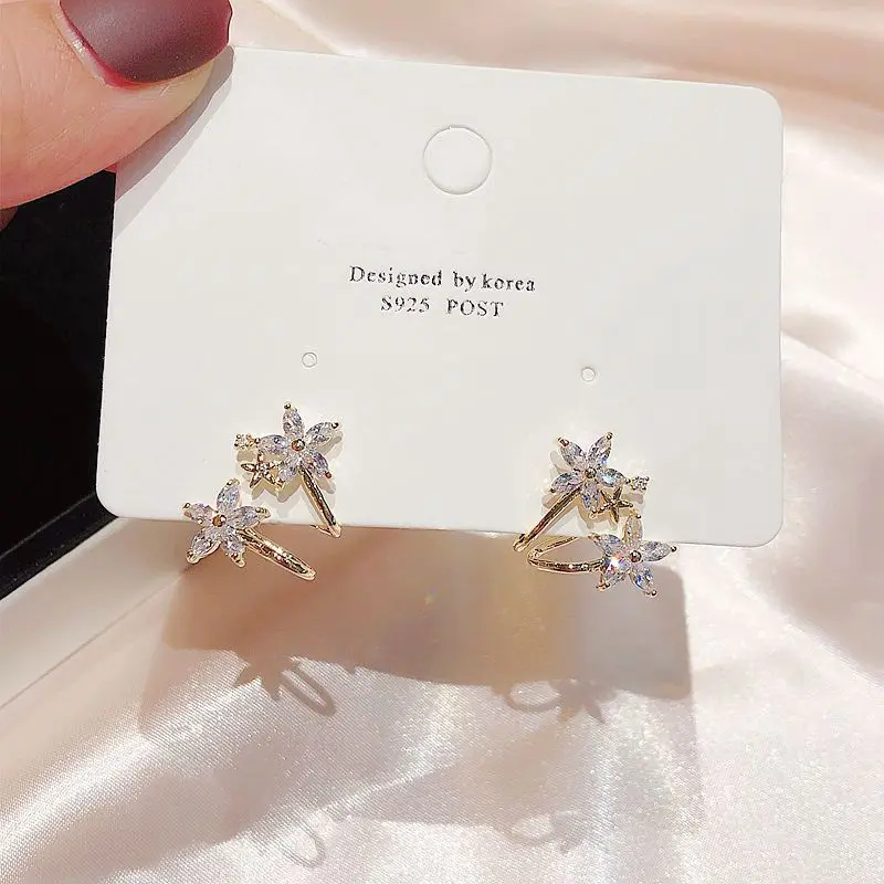 Корейский стиль кубические циркониевые кристаллы цветок серьги-гвоздики манжета золото цвет CZ камень для женщин подарок ювелирные изделия