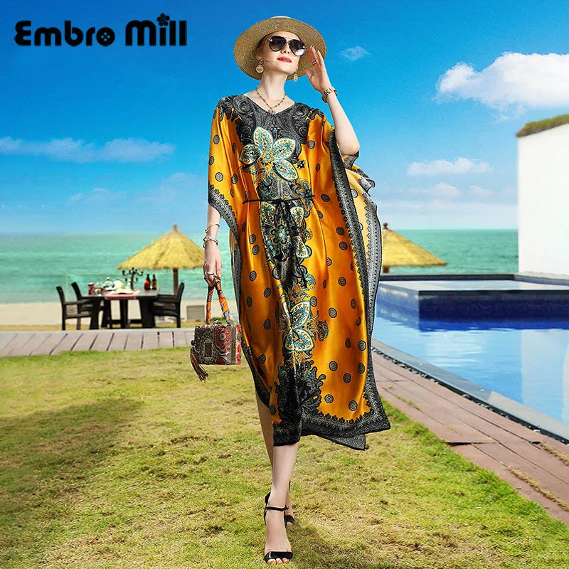 

Spring And Summer New Silk Print Splice Lace Dress V-Neck Batwing Sleeves Loose Waist Lady Dress One Size