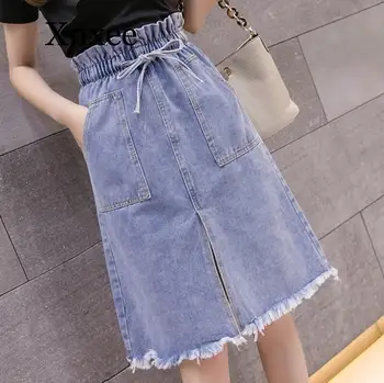 

Vintage Elastic Waist Woman Jeans Skirt 2020 Summer Drawstring Big Pockets Midi Saias Split Burrs Plus Size Denim Skirts Female