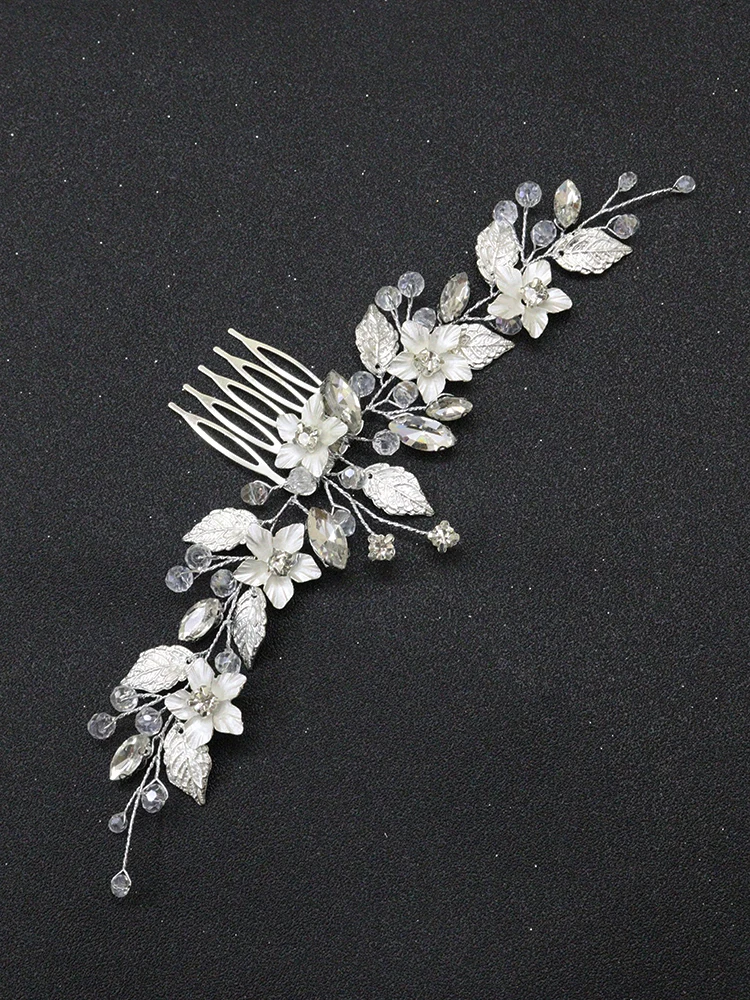 Silver Floral Bride Headdress Leaf Headbands Rhinestone Women Hair Ornaments Wedding Bridal Hair Accessories Vine Comb