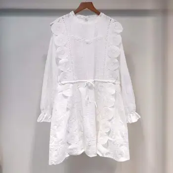 

Women Dress puff sleeves waist retro hook flower hollow embroidery dress 2020 spring and summer new