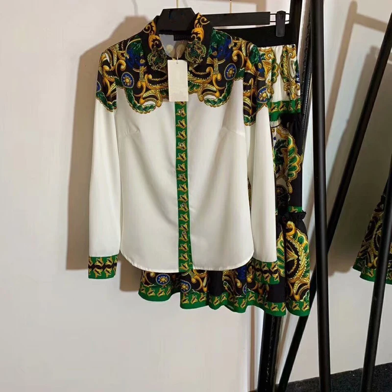 

8.26 High Quality New fashion Single Breasted Print patchwork long sleeve shirts+vintage print high waist skirt 2 piece set