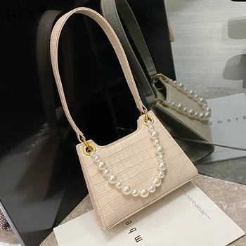

[BXX] 2020 Summer Solid Color PU Leather Crocodile Pattern Bags For Women Pearl Chain Shoulder Handbags Travel Hand Bag HM722
