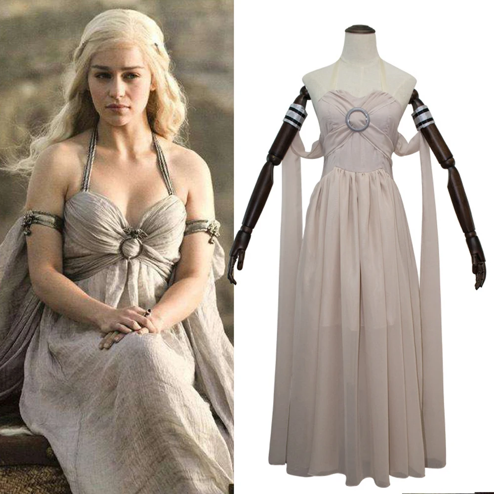 VEVEFUANG Daenerys targaryen Игра престолов косплей костюм черный белый зеленый синий cos платье fantasia парик модное женское платье - Цвет: white
