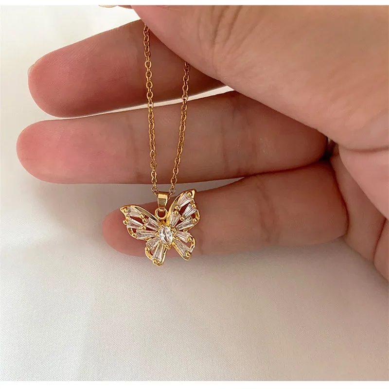 Ins Hot Butterfly Pendant Crystal Zircon Gold necklaces for Women Chain On the Neck Couple Jewelry Aesthetic Gift Girlfriend | Украшения и