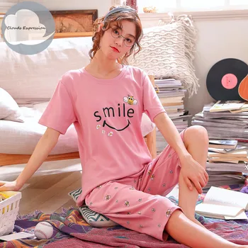 

Summer Knitted Cotton Cartoon Pajamas Set Women Pyjamas Sleepwear Nightwear Pijama Mujer Plus size Calf-Length Pants Homewear