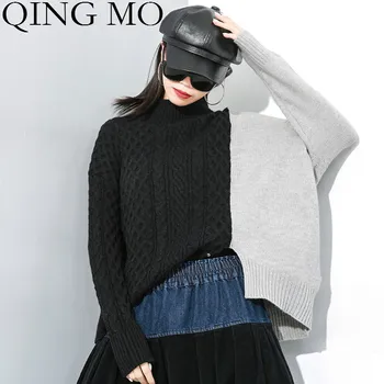 

QING MO 2020 Autumn Winter Women Knitted Sweater Women Patchwork Sweater Female Batwing Sleeve Sweater Irregular ZQY4678