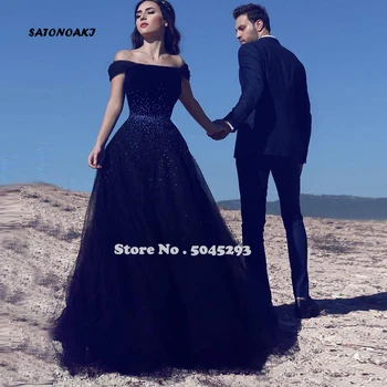 

SATONOAKI Navy Blue Prom Dresses 2019 Off Shoulder Beaded Backless Evening Dress Floor Length A Line Bridal Gowns
