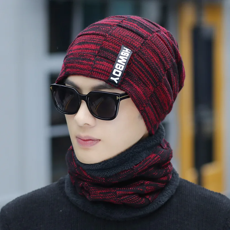 WineRed H7494 Мужская плюшевая утолщенная Шапка-бини, Корейская осенне-зимняя теплая вязаная шапка, шарф, Мужская защита для ушей, велосипедные шапочки - Цвет: WineRed